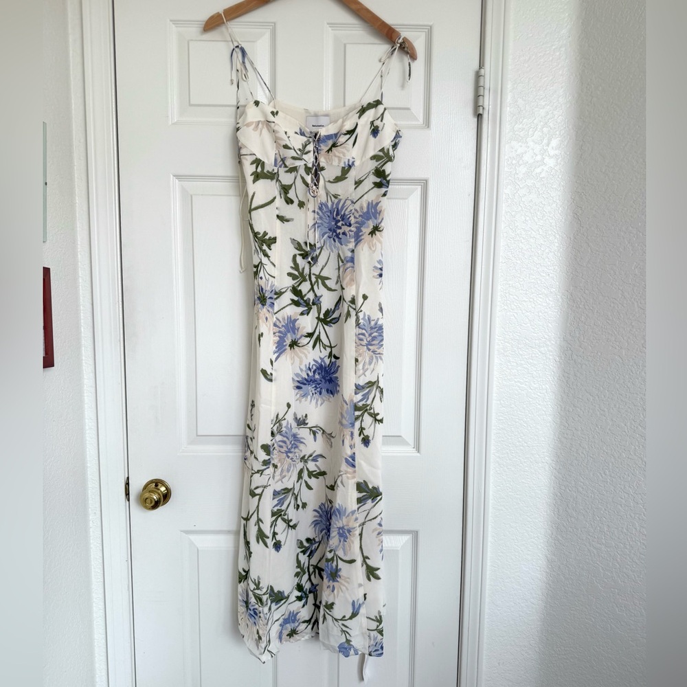 Reformation Emely Dress Midi Length Serenity Ivory Lilac Floral Lace Up French - Picture 4 of 11